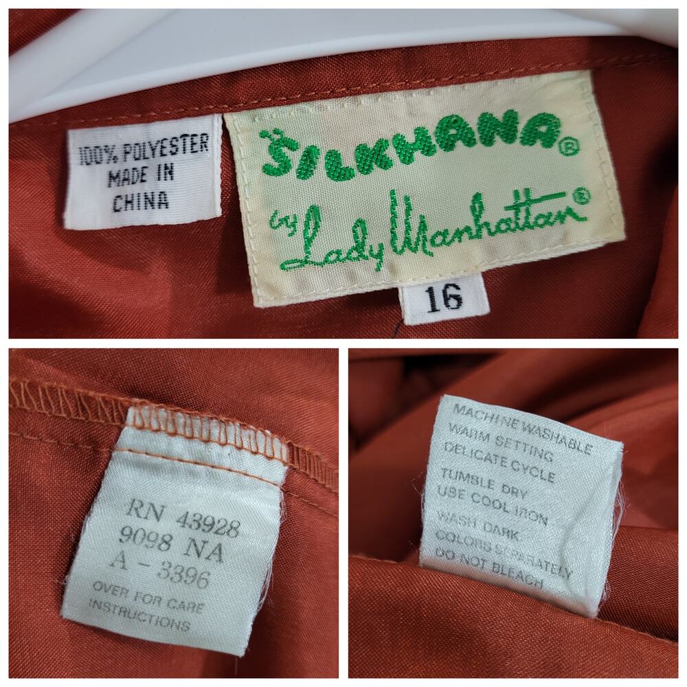 Vintage Blouse Lady Manhattan  Bow Neckline Womens Large Rust Silkhana 80s 90s - Picture 5 of 13